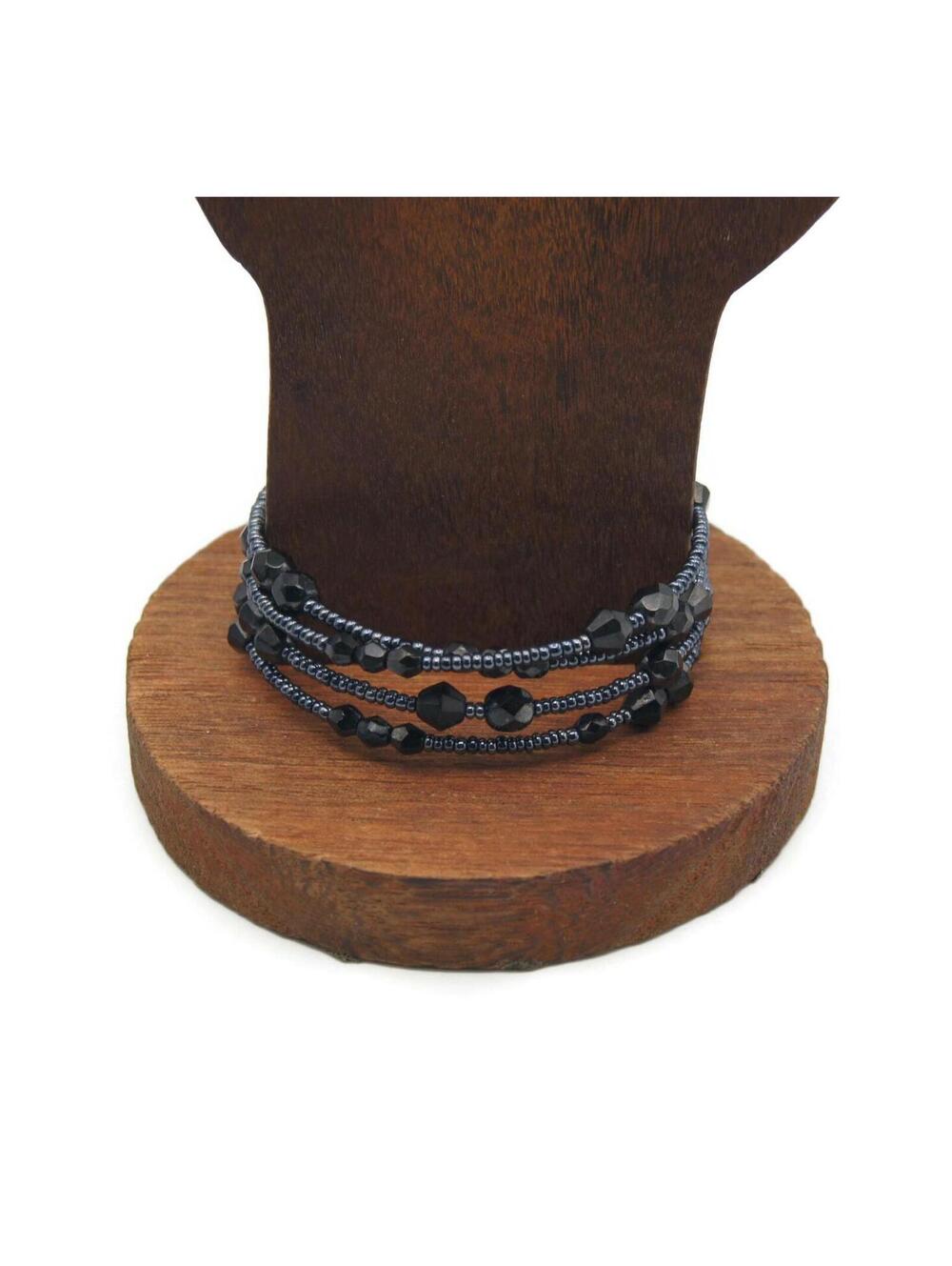 Vintage Hematite and Black Glass Beaded 6 1/2 Inch Memory Wire Bracelet.